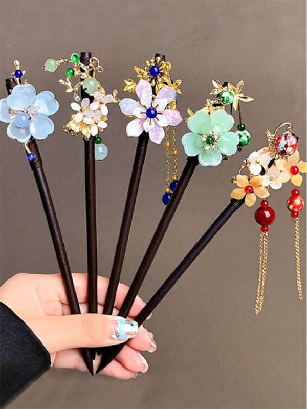 5/3/1pc Chinese Style Floral Tassel Hair Clip, Ebony Wood Hair Accessory, Suitable For Women Outdoor, Travel, Photography, Vacation, Banquet, Party, Christmas Gift, Holiday Gift, Flower , Vacation Outfits Woman