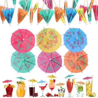 144 piezas Paragüitas decorativas para cocteles, pasteles, helados y frutas, pinchos de madera para frutas, tenedores con estilo tropical hawaiano, adecuados para fiestas hawaianas, de piscina, de playa, tiki, cumpleaños, bodas, bares y reuniones festivas (colores surtidos)
