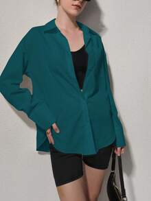 QIANZHIDU Elva 女士标语印花长袖单排扣休闲宽松衬衫，女士纯色宽松长袖商务面试通勤休闲简约衬衫，返校季毕业季办公室春夏秋季服装，情人节，新年穿搭 - 水鴨藍 - 查看 3