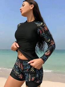 Women's Long Sleeve Surfing Set, 2 Piece Surf Suit, Wetsuit, Contrast Colors And Tropical Prints For Summer Beach Vacation, 2 Piece Surf Top Set With Tropical Plant Print And Raglan Sleeve For Women, Women's Long Sleeve Rashguard Set In Contrast Colors And Tropical Print For Summer Beach Vacation,Women's Surfwear - 黑色 - 查看 3