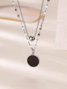 European & American New Round Pendant Necklace, Minimalist Black Color, Layered Design, Fashionable Clavicle Chain Jewelry For Women