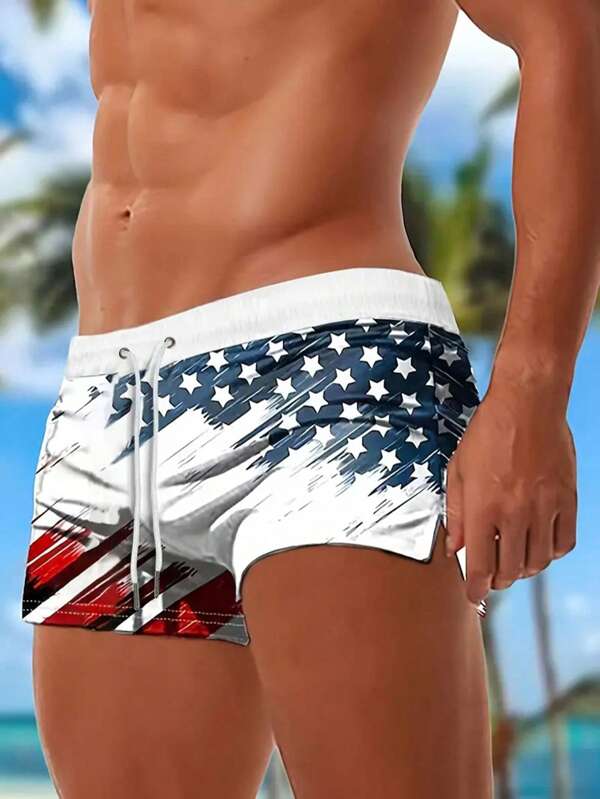 Pantaloncini da bagno casual da uomo con coulisse e stampa a bandiera