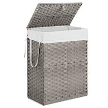 90-Litre Breathable, Sturdy, Hand-Woven PP Rattan Laundry Basket With Lid, Dividers And Handles, Foldable, Removable Lining, Available In Grey Or Yellow, Suitable For Bathroom Storage, Laundry Room Or Bedroom. - 灰色 - 查看 9