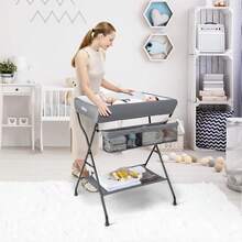 INFANS Baby Changing Table, Folding Diaper Station Portable Nursery Organizer With Safety Belt And Large Storage Racks For Newborn Baby And Infant (White) - Grey - View 9