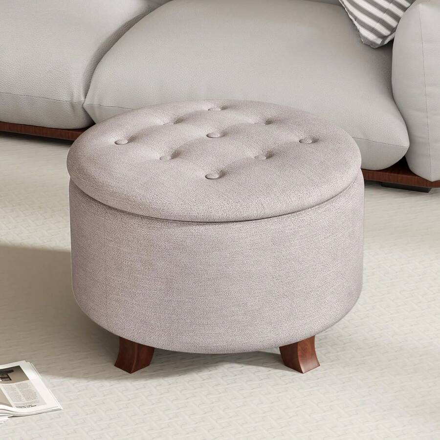 Storage Round Ottoman, 25 Inch Foot Rest Stool, Side Of Bed Bench, Upholstered Large Ottoman Chair With Storage For For Living Room, Bedroom, Entryway - Beige - View 1