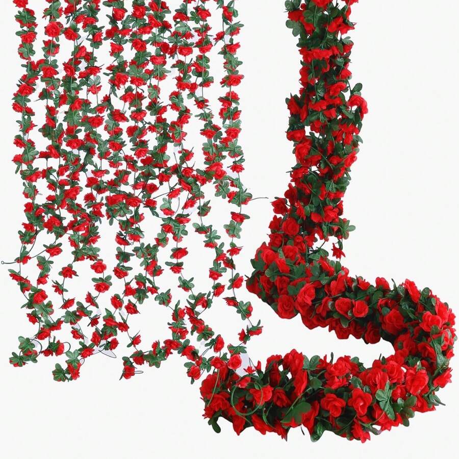 Dây hoa giả 2,4m (8,2ft), 45 bông hồng giả, trang trí nhà cửa, khách sạn, văn phòng, tiệc cưới, sân vườn, nghệ thuật thủ công, trang trí Giáng sinh (1/2/5 chiếc/gói), - màu đỏ - Xem 1