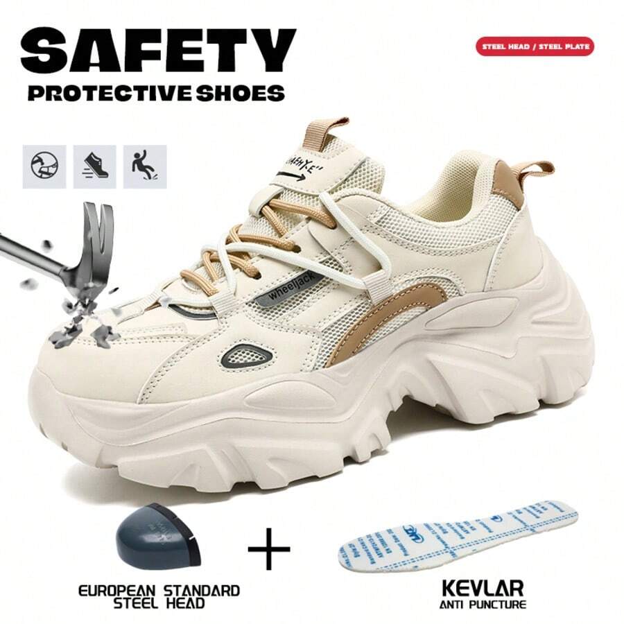 Women's Fashion Steel Toe Safety Shoes, Lace-Up Style Anti-Collision Anti-Puncture Anti-Skid Safety Lightweight Work Shoes, Shock-Absorbing Sports Sneakers, Security Guard Protective Boots - Beige - View 1