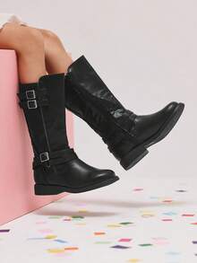 Unisex-Child Black Buckle Knee High Riding Boots - Black - View 4