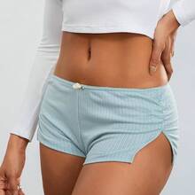 Shorts de encaje acanalado tipo culotte microbikini para mujer - Azul - Ver 3