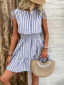 夏季亚麻质感蓝白条纹蝴蝶结无袖A字迷你休闲女式连衣裙