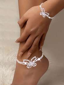 2-Piece Set Luxurious Summer Fashion Butterfly Crystal Anklet And Bracelet Combo, Versatile For Beach, Vacation, And Casual Wear - Simple Diamond 6 - View 5