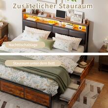 Cama tapizada, 140x200cm, canapé con 4 cajones, diseño industrial moderno con decoración en madera, con cabecero de almacenaje en PU, estructura de hierro, cama doble, sin colchón, color negro - Negro - Ver 8