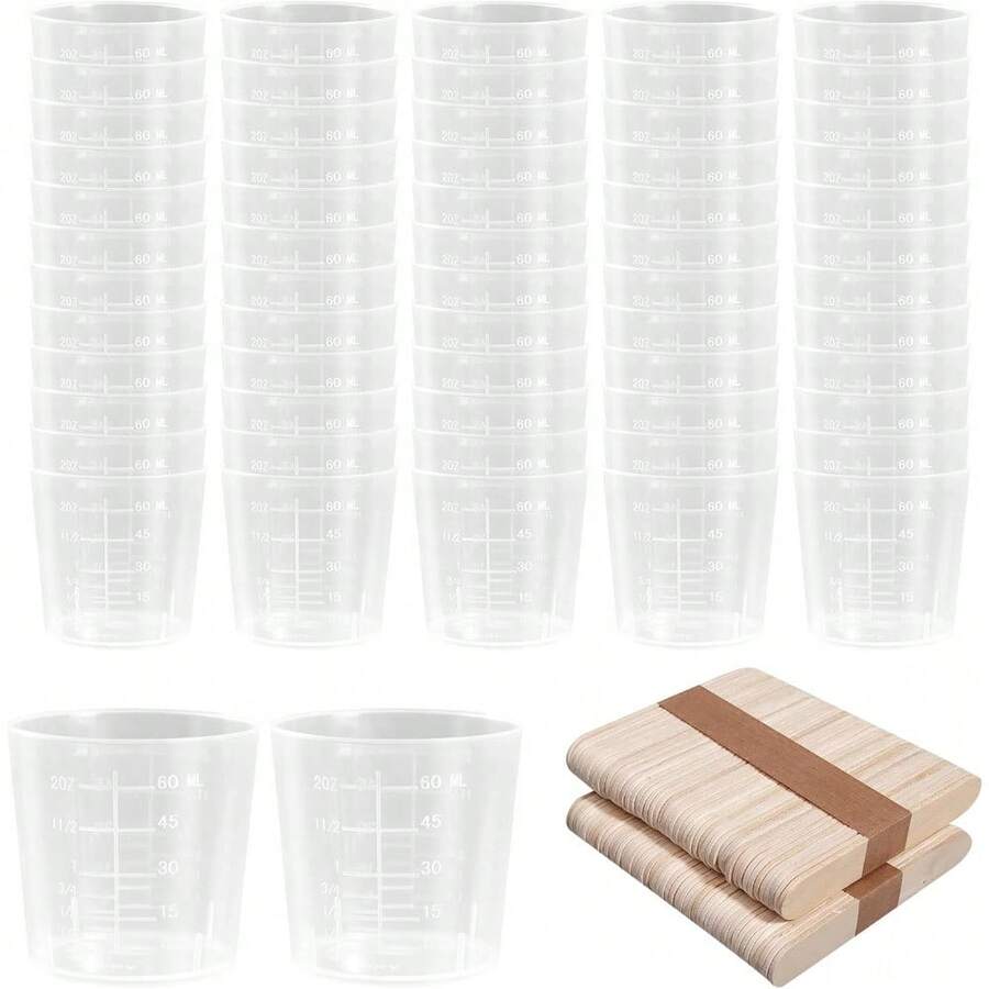 200 Pcs 2oz/60ml Plastic Mixing Cups With Graduated Mixing Sticks Bulk Liquid Measuring Cups, Disposable Clear Beaker For Resin Laboratory Acrylic Paint Art And Medicine - 200 件 - 查看 1