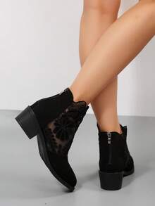 女士秋季时尚蕾丝踝靴，精美图案，适合日常出行，复古风格女士踝靴 - 黑色 - 查看 6