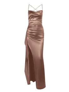 优雅性感缎面无肩带荷叶边腰身派对礼服、伴娘礼服、正式婚礼春季礼服 - 深卡其 - 查看 5