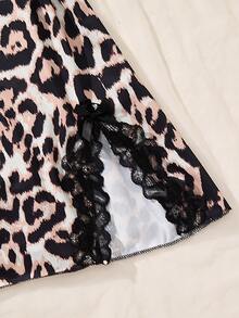 2 件女式性感睡衣，豹纹撞色蕾丝拼接蝴蝶结无袖印花下摆侧开衩细肩带睡裙 - 彩色 - 查看 5