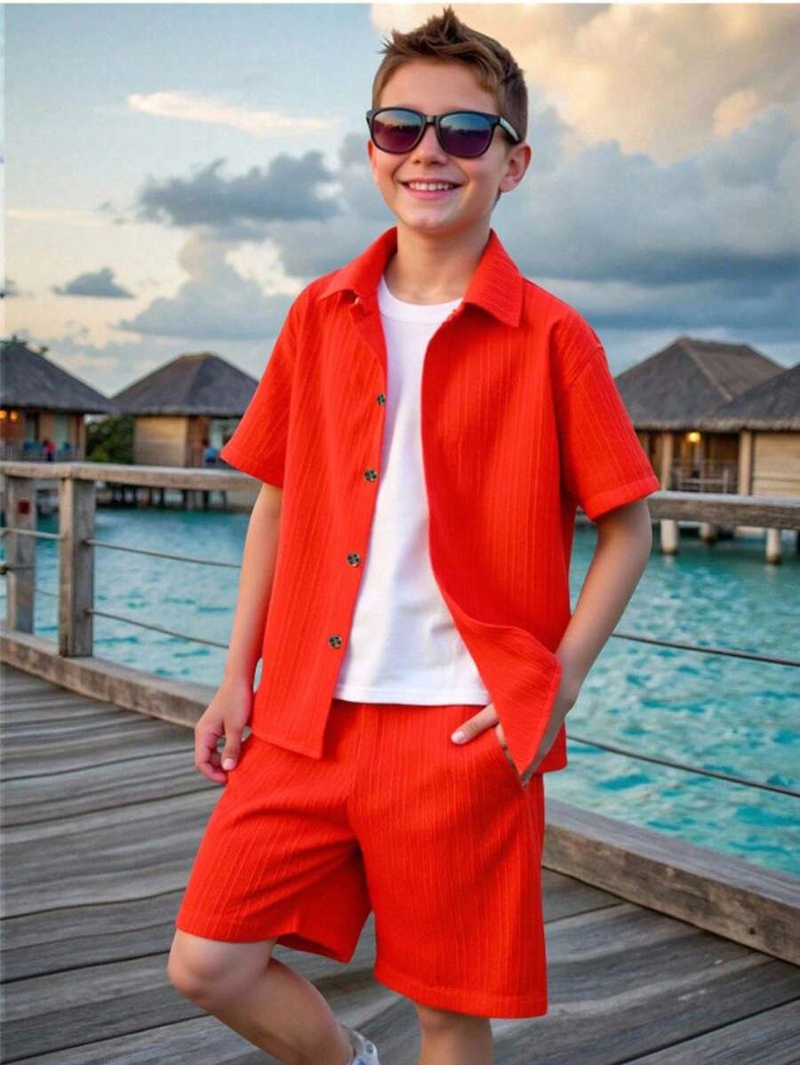 Bộ áo sơ mi tay ngắn họa tiết gợn sóng và quần short thường ngày cho bé trai, màu trơn nhẹ, thoáng khí, phù hợp cho mùa xuân/hè - trái cam - Xem 1