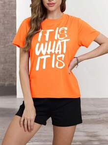 Women's Fashionable Versatile Slogan Print Short Sleeve T-Shirt - Orange - View 3
