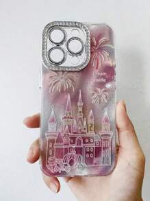 High-Quality Ins-Style Pink Firework Castle Carriage Rhinestone Mirror Phone Case, Compatible With IPhone 16 Pro Max/IPhone 15 Plus/IPhone 14 Plus, Full Coverage Lens Protection For IPhone 11/13 Pro/12 Pro Max