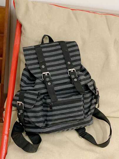 New Fashion Striped Drawstring Casual Retro Unisex Large Capacity Vintage European And American Style College Daily Commute Travel Shopping Backpack For Women, School Backpack