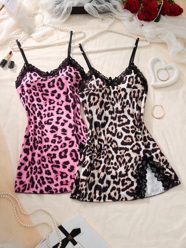 2 buc cămăși de noapte sexy pentru femei, leopard, contrast de culoare, dantelă patchwork, cu fundă, fără mâneci, imprimat, tiv, crăpături laterale, cu bretele spaghete