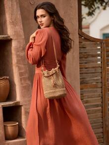 Tropiscape 迷你抽绳设计，女士度假包，草编钱包，草编沙滩包，沙滩必备，沙滩用品，沙滩装备及夏季必备，最适合营造海滩氛围的女士包包，藤编包，秋季圣诞节冬季圣诞礼物