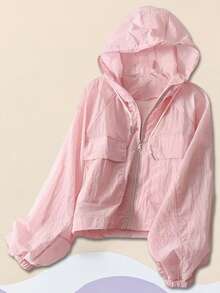 Women Sun Crop Jacket Loose Solid Color Long Sleeve Zipper Hoodie With Pockets For Summer Spring - Hồng - Xem 3