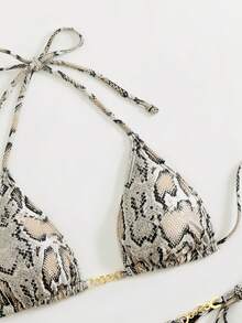 LUCKY HOLIDAY Fashionable Sexy Summer Beach Tie-Up Triangle Bikini Set With Leopard Print & Metal Chain Decor - Snake Pattern - View 6