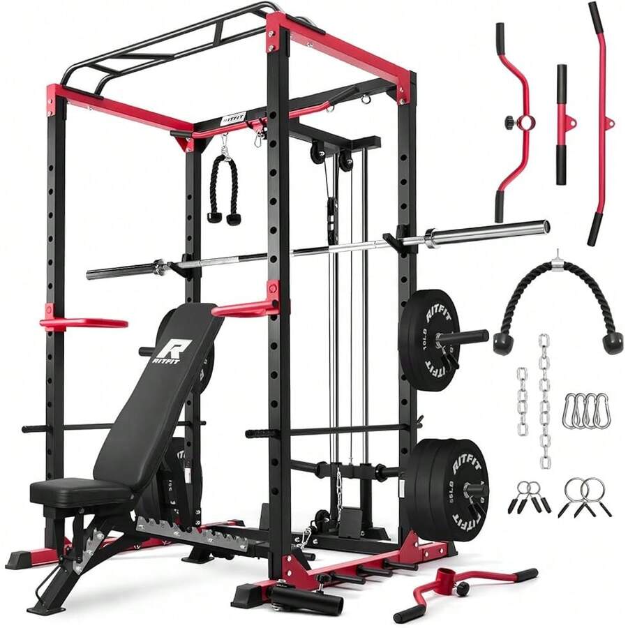 2025's Hottest New Introductions:RitFit  Squat Rack For Home Gym, PPC02C Multi-Function 1000 LBS Capacity Power Cage  LAT Pulldown, Pulley System, Dip Bar, Landmine & More Power Rack Attachments, PackageRedRed Package 1.5K ( BP 340LBS) - Bildfarbe - View 1