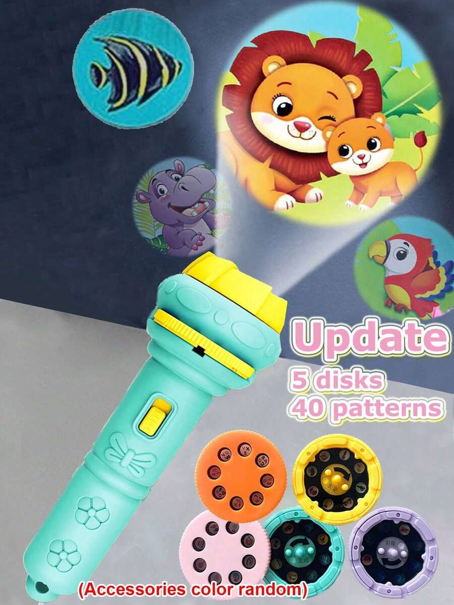 40种图案 5件套 儿童睡前投影手电筒玩具，早教认知恐龙、动物、海洋、水果投影拼图玩具（配件颜色随机）