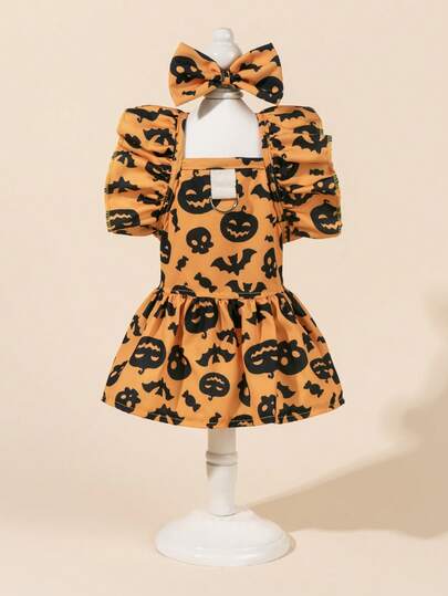 1 Set Pet Tulle Dress With Bowknot, Cute Fashion Printed Dress + Bowknot Pet Costume, Elastic Mesh Princess Pet Dress For Dogs & Cats