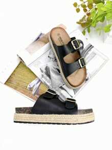 Sandalo basso da donna in sughero con fibbia alla moda, fresco, leggero, antiscivolo e con plateau di 3 cm, ideale per l'uso quotidiano.