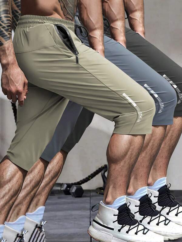 Hidkat [Spring/Summer] Men's Drawstring Quick-Dry High-Elasticity Solid Color Sports Training Outdoor 7-Minute Pants With Zipper Pockets, Suitable For Fitness Sports Series, Reflective