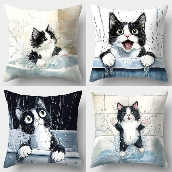 4pcs Throw Pillow Covers, 17.7"X17.7", Bathing Cat Pattern Print, Home Decor Sofa Cushion Cover, Pillow Shams Without Insert