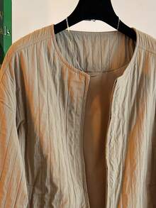 Women's Casual Jacket, Striped Woven Fabric, Pockets With Zipper, Puff Shoulder Design, Oversized Fit, Suitable For Various Figures, High-Quality Solid Color, Simple And Fashionable, Versatile For Daily Commute In Autumn/Winter - Khaki - View 6