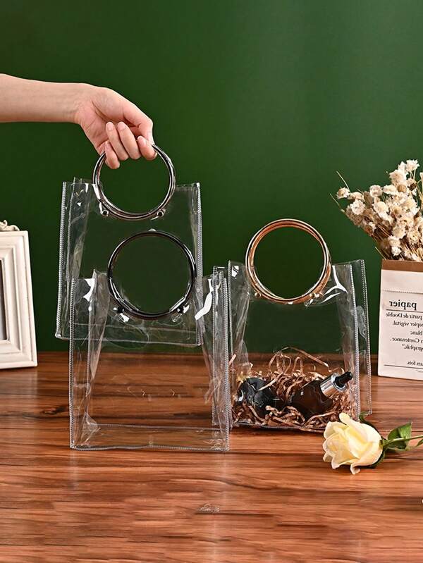 Transparent PVC Tote Bag With Metal Ring Handles, Fashion Cosmetic Bag, Makeup Storage, Organizer Pouch, Suitable For Women Summer Vacation And Beach Use, Waterproof And Clear, Great For Beach Sport, Picnics And Snacks Carrying