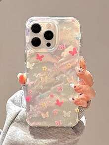 彩虹色花卉和蝴蝶印花手机壳适用于 16 Pro Max/15 Pro/14/13/12/11，创意独特保护保险杠保护套，适用于女性，防水防震防摔防刮 - 銀色 - 查看 4