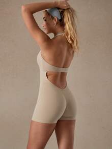 NcmRyu 1 件女士瑜伽健身跑步健身房训练连体衣 - 杏色 - 查看 2