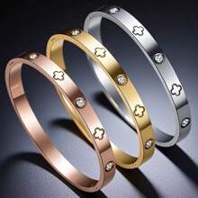 Titanium Steel Bracelet, Mirror Polished, Vacuum Electroplated, Non-Fading, Cubic Zirconia, Lucky Four-Leaf Clover, Classic & Fashionable Style, Suitable For Daily Wear, Weddings, Schools, Formal Evenings