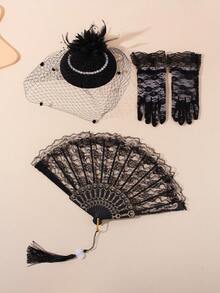 1 Set Girls' Party Dress Outfit Including Pearl Hair Accessory, Lace Gloves And Fan, Suitable For Tea Party And Photography - Top Hat + Gloves + Fan - View 11