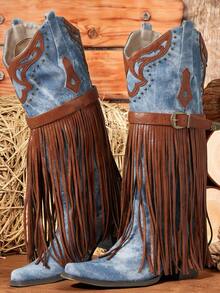 Cowboy Boots For Women - Fringe Knee High Cowgirl Boots With Classic Embroidery, Pointed Toe Pull On Retro Design, Perfect For Western Parties, Weddings And Events - 藍色 - 查看 1