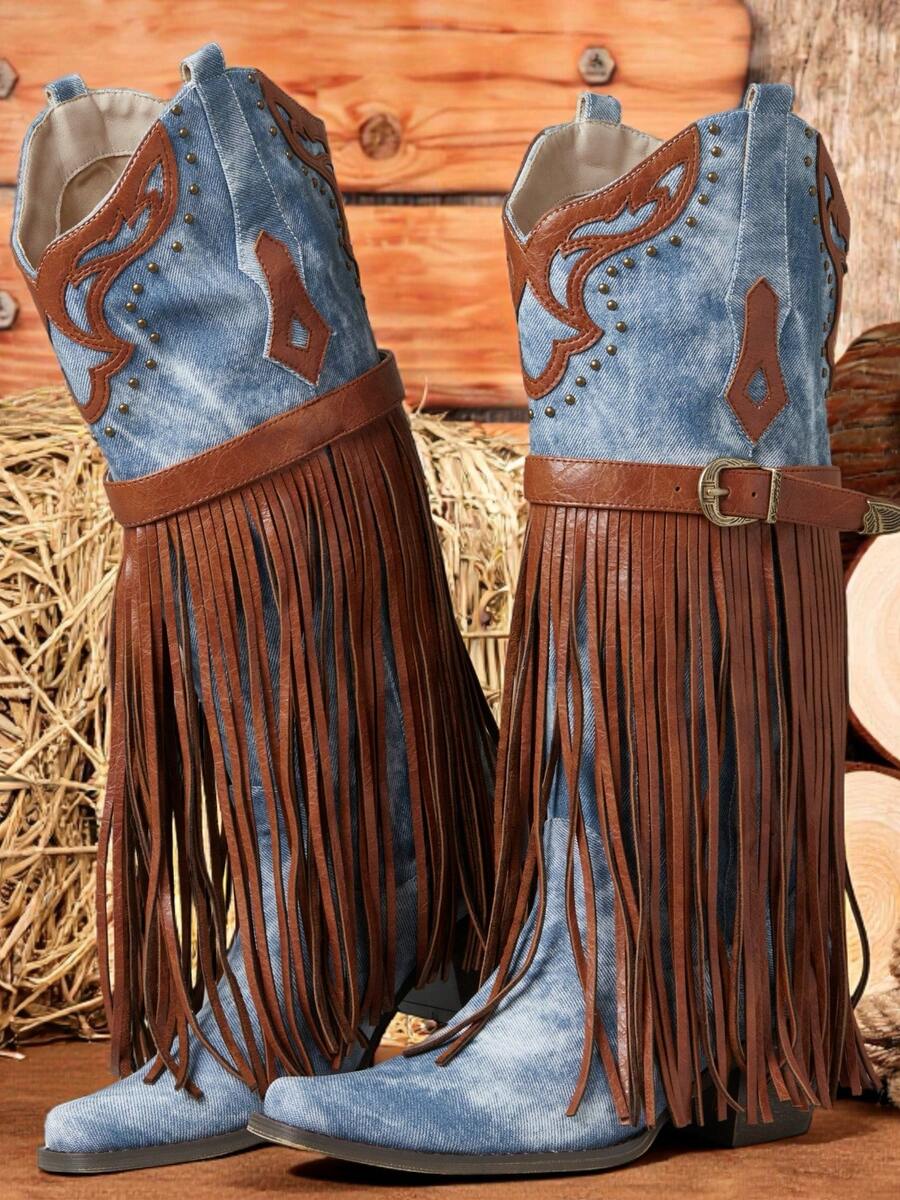Cowboy Boots For Women - Fringe Knee High Cowgirl Boots With Classic Embroidery, Pointed Toe Pull On Retro Design, Perfect For Western Parties, Weddings And Events - 藍色 - 查看 1