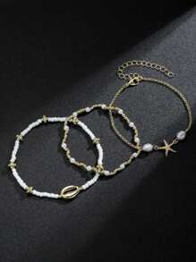 3pcs/Set Bohemian Beaded Shell Starfish Charm Anklet Bracelet Set For Women, Beach Vacation Party Accessories (Styles Vary)