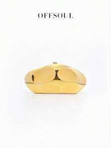 新款时尚欧美金属雕塑手提包，凹面设计重型晚宴包，金属女士派对链条单肩包/斜挎包 - 金色 - 查看 4