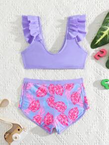 NB VEST Conjunto de Praia Juvenil Feminino com Top Amarrável com Babados e Shorts Estampado de Folhas - J3021