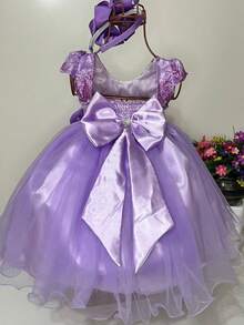 Vestido Infantil Luxuoso Realeza Lilás e Tule Daminha Florista Casamento