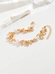 1pc Women Bohemian Pearl Flower Linked Gold Tone Chain Bracelet, Stylish Jewelry Design Suitable For Daily Wear, Beach, Travel