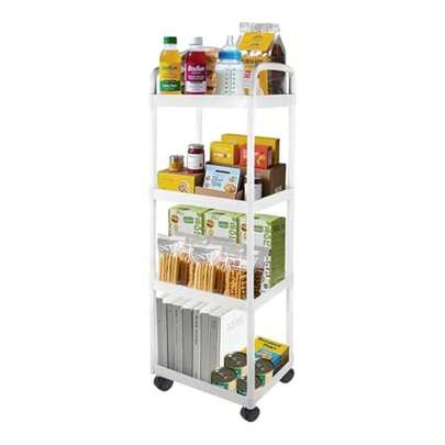 Storage Trolley On Wheels - 4-Tier / 3-Tier White Kitchen Trolley With Lockable Wheels | Plastic + Stainless Steel Mobile Organiser For Bathroom Office