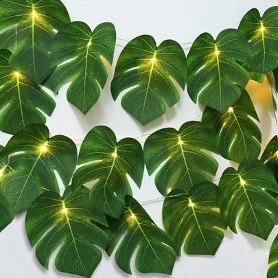 1pc 2M/6.56Ft Or 3M/9.84Ft LED Monstera Leaf String Lights, Artificial Tropical Palm Leaf Garland Lights, Monster Green Leaves Hanging Vines, Summer Decor, Suitable For Outdoor, Indoor, Home, Hawaii, Jungle, Beach, Hawaiian Party, BBQ, Camping, Birthday Table Decoration