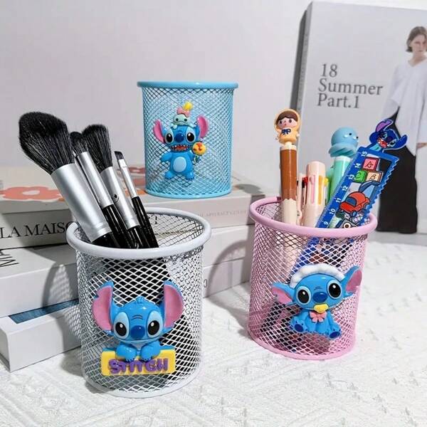 Disney Cute Stitch Colored Metal Mesh Pen Holder - Lightweight, Durable, Adorable Character Design, Multiple Color Patterns, Suitable For School, Office, Home Decor - Best Gift For Fans,School Supplies,Back To School